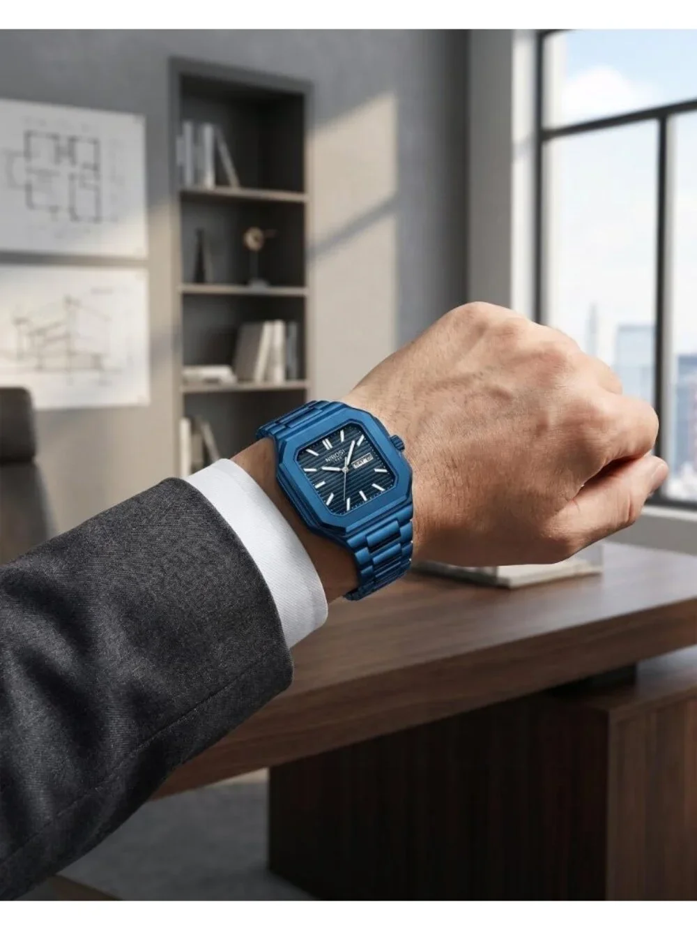 Men's Blue Square Analog Quartz Stainless Steel Waterproof Classic Wrist Watch